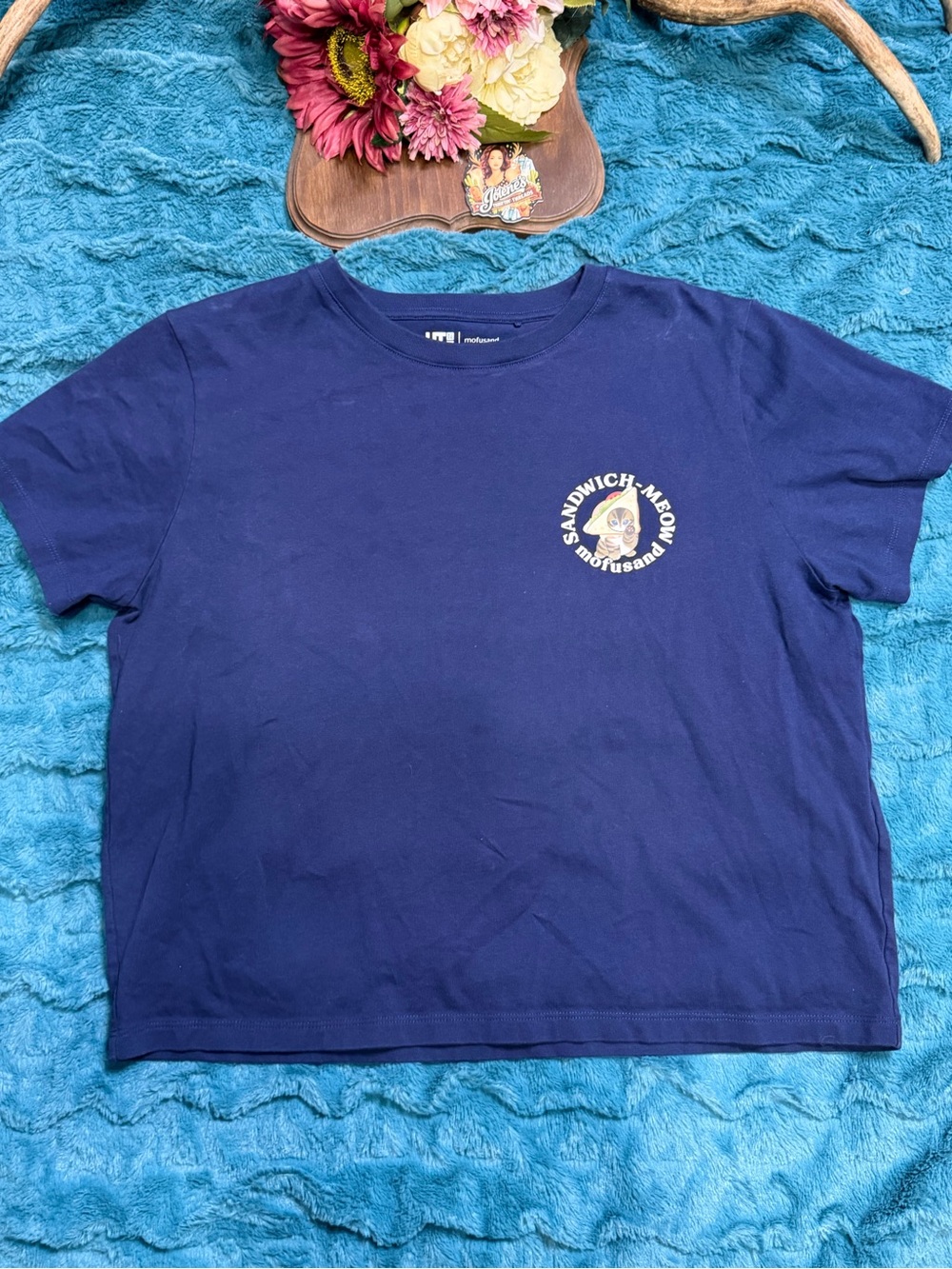 UNIQLO UT Mofusand Bread Meow Sandwich Cat Cropped Tee Navy Large